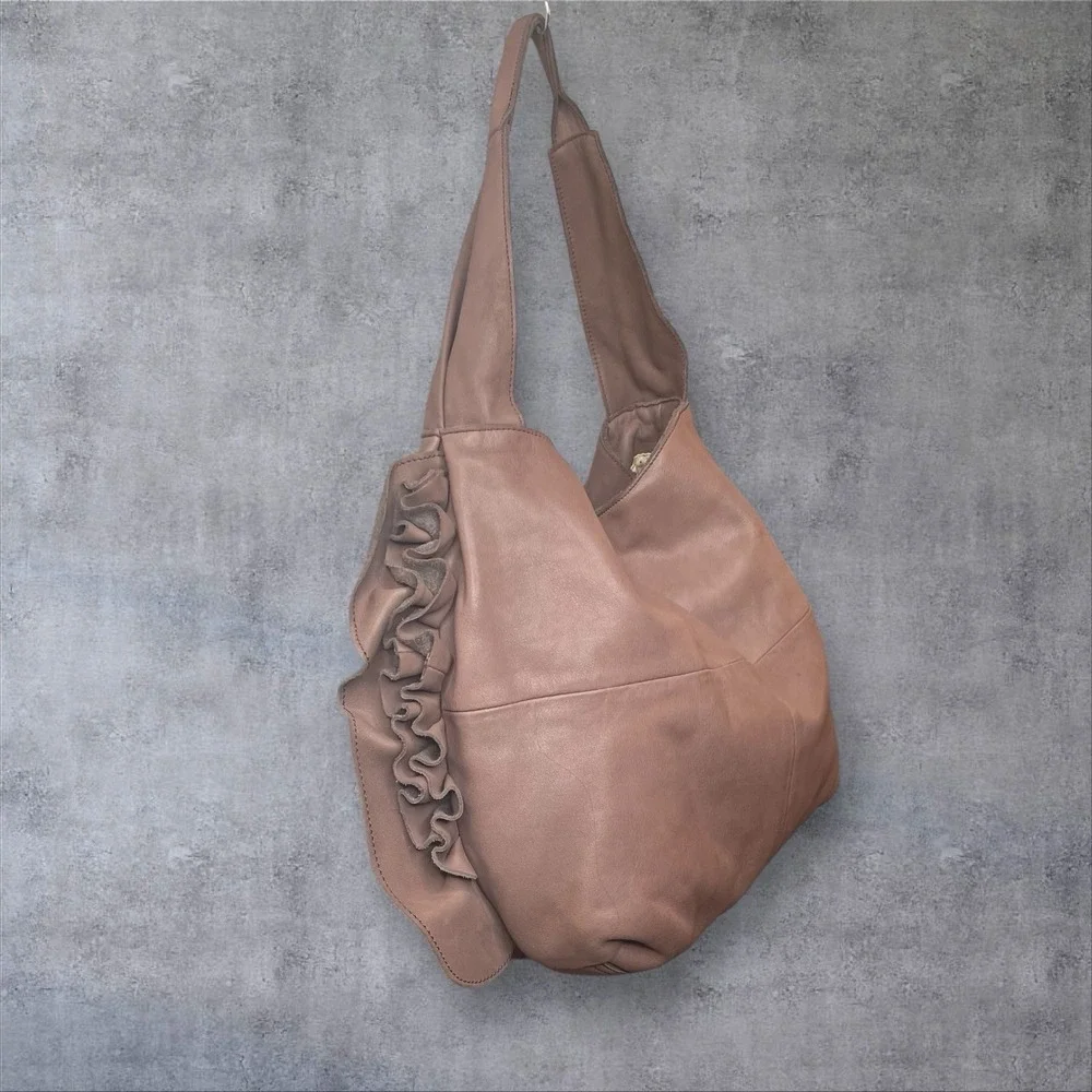 Anthropologie Miss‎ Albright Leather Hobo Shoulder Bag Ruffle Detail Mauve Brown